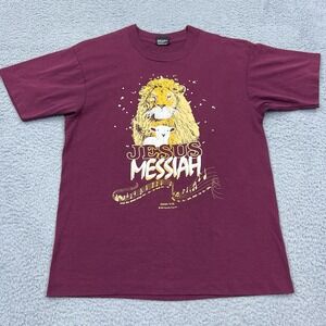 VTG Jesus T-Shirt L The Messiah Lion Lamb‎ Single Stitch Red Isaiah 53 USA Made